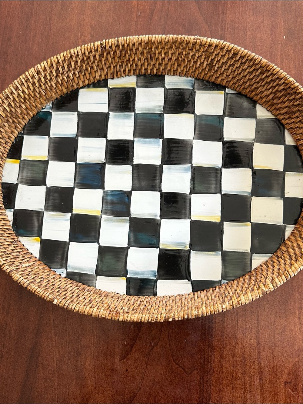 MacKenzie-Childs Courtly Check Black & White Enamel Rattan-Edged Decorative Tray